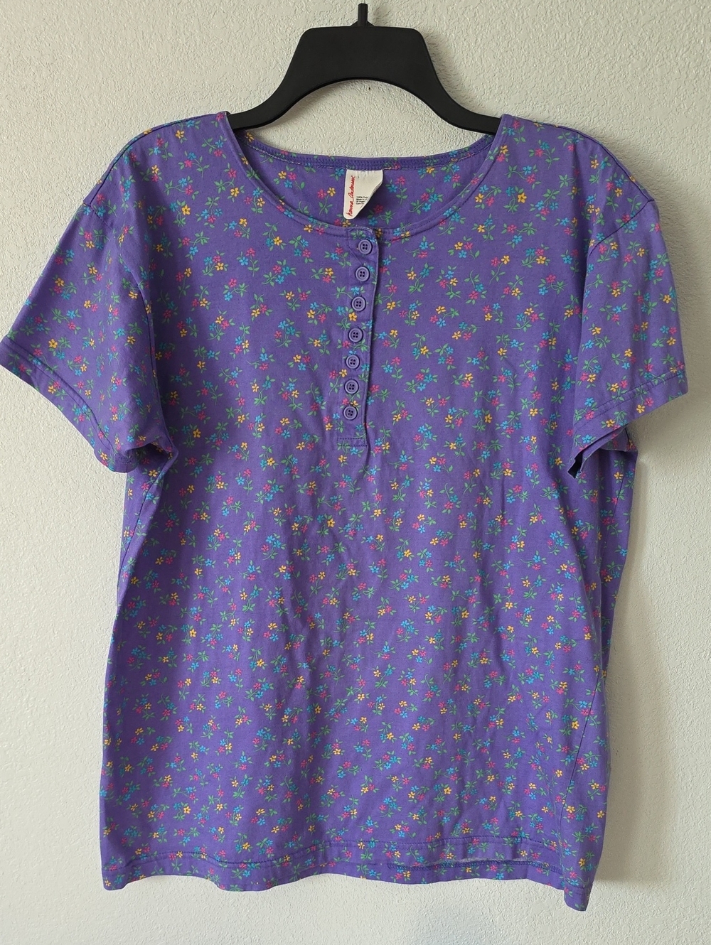 Vintage Hanna Andersson Purple Ditsy Floral Henley Shirt Short Sleeve Wmn's SZ M